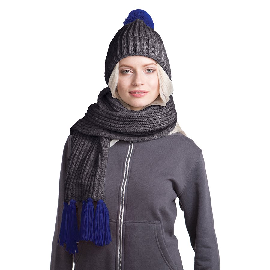 GoSnow, вязаный комплект шарф и шапка, антрацит c фурнитурой темно синий с логотипом или изображением