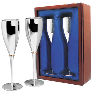 Фужеры для шампанского; 21,5х9,5х30,5см; D=6см, H=23 см; посеребренный металл; лазерная гравировка с логотипом или изображением