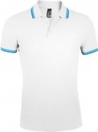Рубашка поло мужская PASADENA MEN 200 с контрастной отделкой белая с голубым с логотипом или изображением