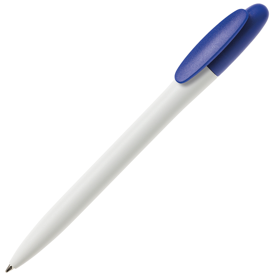 Ручка шариковая BAY, белый корпус/синий клип, непрозрачный пластик с логотипом или изображением